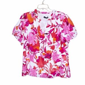 Floral Pink and Orange Bubble Sleeve Women's Top